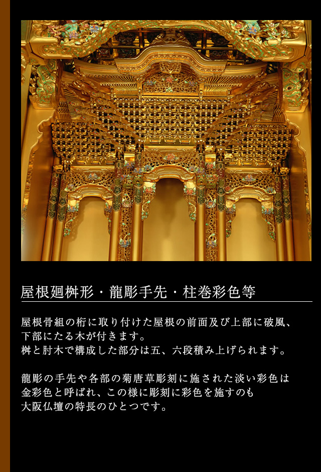 屋根廻桝形・龍彫手先・柱巻彩色等